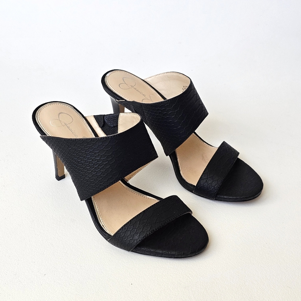 Jessica Simpson Loyah Black Textured Mule Heels Size 6.5 Open Toe Stiletto